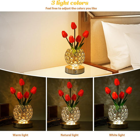 3-Colour Dimming Tulip Crystal Flower Lamp Touch Lamp,Rechargeable Cordless Table Lamp, Infinitely Battery Powered