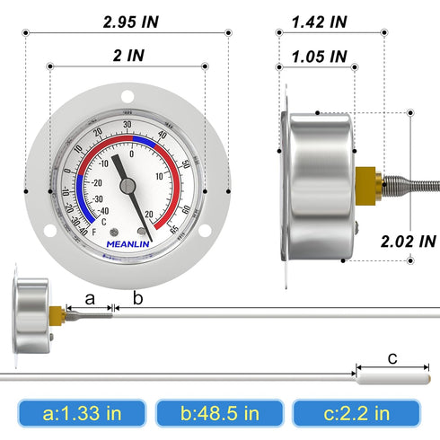 MEANLIN MEASURE 2Pcs Vapor Capillary Thermometer, 2" Dial, Stainless Steel Front Flange Mount, Temperature Range