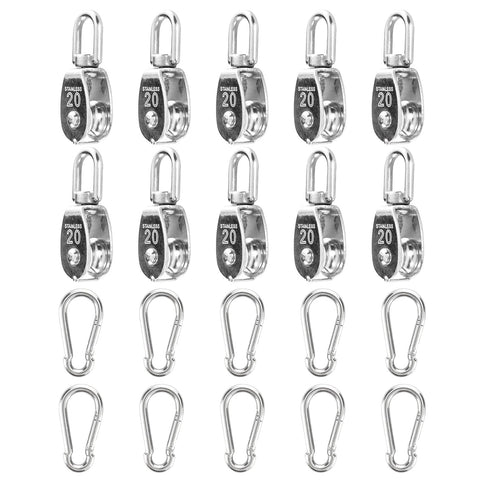 10Pcs 304 Stainless Steel M20 Single Pulley Block with 10Pcs Spring Snap Hook, Wire Rope Hanging