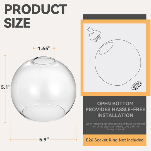 2 Pack 1.65 5.1 5.9 Clear Glass Shades Globes, Glass Lamp Shade Covers Replacements, In Fitter In Height In Diameter