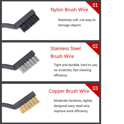 3Pcs Mini Wire Brush Set for Cleaning and Rust Removing, 7 Inch Industrial Brushes of Stainless Steel/Nylon/Brass