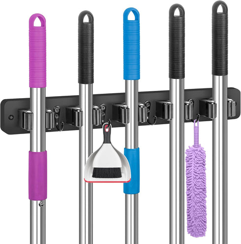 IMILLET Wall Mount Broom Holder, Wood Organizer with 5 Racks and 4 Hooks for Laundry Room and Home Storage
