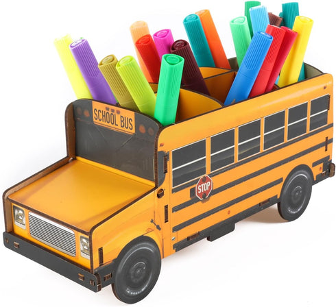 Pencils Organizer School Bus Pen Holder, Creative DIY Multifunctional Desk Organizer, 6 Compartments for Office School