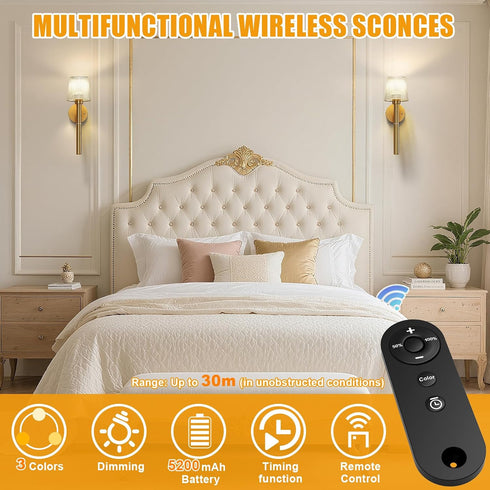 Donsis 5200mAh Magnetic & Detachable Wireless Wall Sconces (Gold) - Rechargeable Battery Bar for Staircase, Bedroom