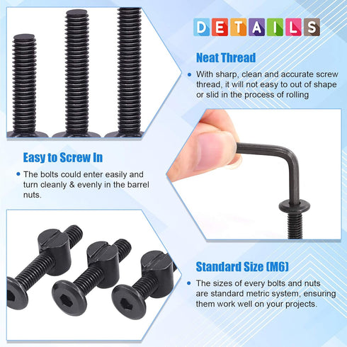 Glarks 141Pcs M6x20/ 30/40/ 50/60/ 70/ 80mm Baby Bed Crib Screws Hardware Replacement Kit, Black Hex Socket Cap Screws