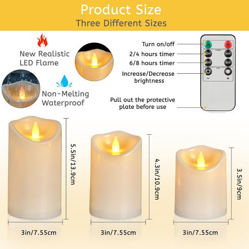 4" 5" 6" Set 3 8-Key Flameless Candles of Outdoor Indoor Ivory Pillars Battery Operated Flickering Candles Include