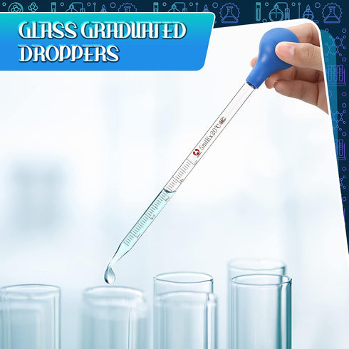 Weewooday Glass Droppers Pipettes with Big Rubber Hats, 20 cm Glass Stir Rod, 16 Pieces, Blue, 5 ml, 10 ml