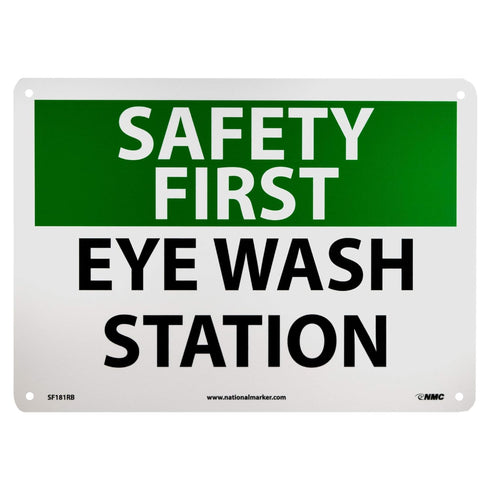 NMC OSHA Sign - "SAFETY FIRST EYE WASH STATION", 14" Width x 10" Height, Rigid Plastic