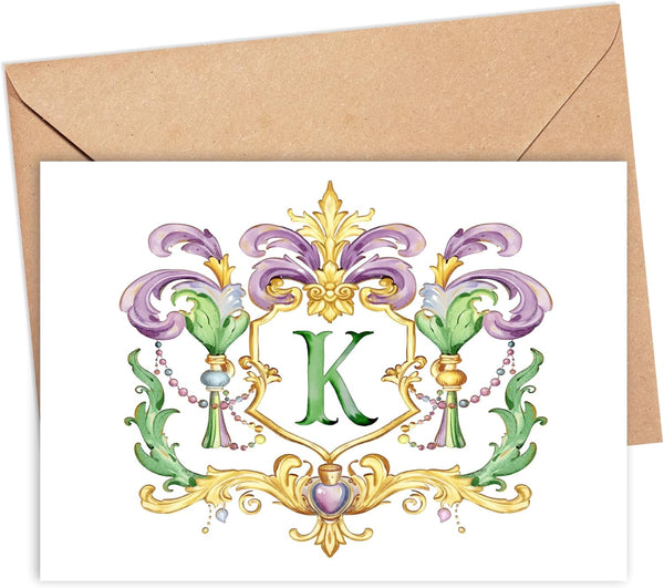 Designing Moments Custom Mardi Crest Monogram Folded Note Cards, Watercolor Mardi Gras Green and