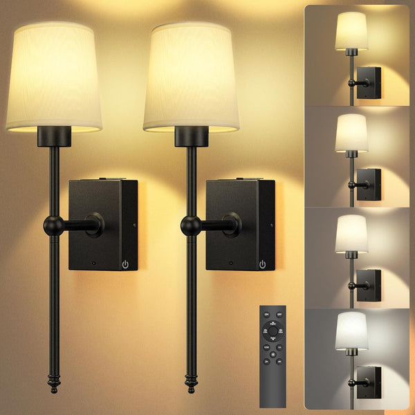 TOOWELL Battery Operated Wall Sconce Set of 2: Black Rechargeable Wall Lights