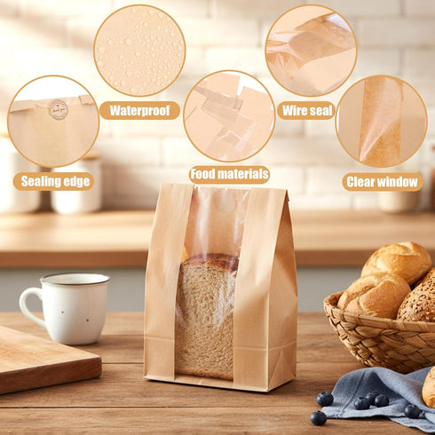 Xaajooio 150 14x8.3x3.5 Inches, 150 Pcs Paper Bread Bags with clear window for Homemade Bread, Includes Sealing