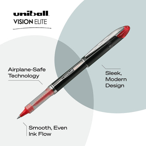uniball Vision Elite Roller Ball Pen, Stick, Extra-Fine 0.5mm, Red Ink, Black/Red Barrel