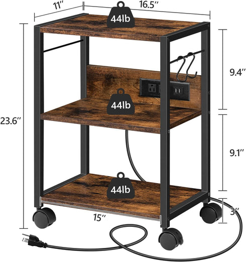 Industrial Printer Cart, 3-Tier Mobile Stand with Power Outlets and USB Ports for Office Use