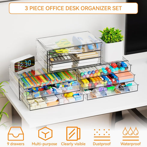 Yieach 11.1 Inch Stackable,3 Pack Long Clear Drawer Organizers Small Acrylic Drawers,School,Office Supplies Organizer