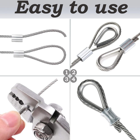 1/8 Inch 100FT 7x7 Stainless Steel Cable - Strand Aircraft Wire Rope with Loop Sleeve & Thimble - Heavy Duty for Deck