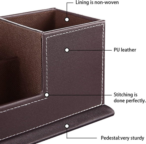 PUSU Desk Pencil Holder - PU Leather Pen Holder for Desk, Multifunctional Organizer with 4 Compartments