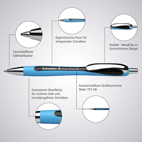 Schneider Slider Rave XB Ballpoint Pens, Refillable + Retractable, Light Blue Barrel, Box of 5