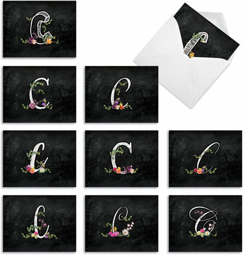The Best Card Company 10 Initial Letter C Assorted Blank Notecards - Floral Monogrammed Personal Stationery