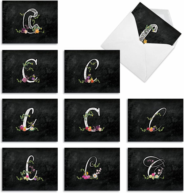 The Best Card Company 10 Initial Letter C Assorted Blank Notecards - Floral Monogrammed Personal Stationery