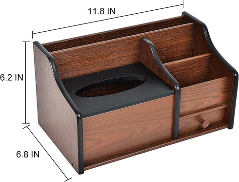 Cherry Brown Wood Desk Organizer, Tissue Box Lid with Multiple Slots Drawer for Phone Tablet Remote Control Storage