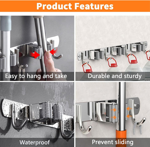 Mop and Broom Holder Wall Mount, Upgraded Organizer, Stainless Steel for Home Kitchen Garden