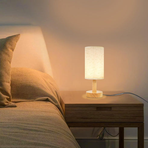 Shade,Cozy Small Bedside Table Lamp for Bedroom,Natural Round Wood Base&Fabric Linen Night Table Light for Study