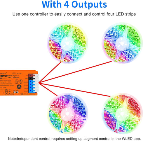 ESP32 4 15A WS2811 WS2812 WS2815 SK6812 WLED LED Strip Light Controller Channel Output Fuse Link Level Shifter UART
