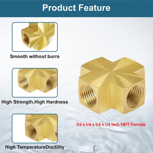 Midanya 1/4 x 1/4 x 1/4 x 1/4 Inch NPT Female Thread Adapter, Cross Pipe Fitting Barstock Cross 4 Way Connector Brass