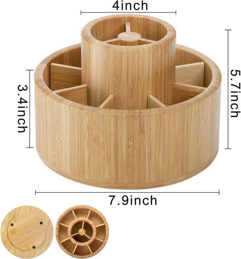 SOUJOY Bamboo Pen Holder Organizer, 360° Rotating Art Supply Caddy with 11 Compartments, Holds 200+ Pencils, Office Box