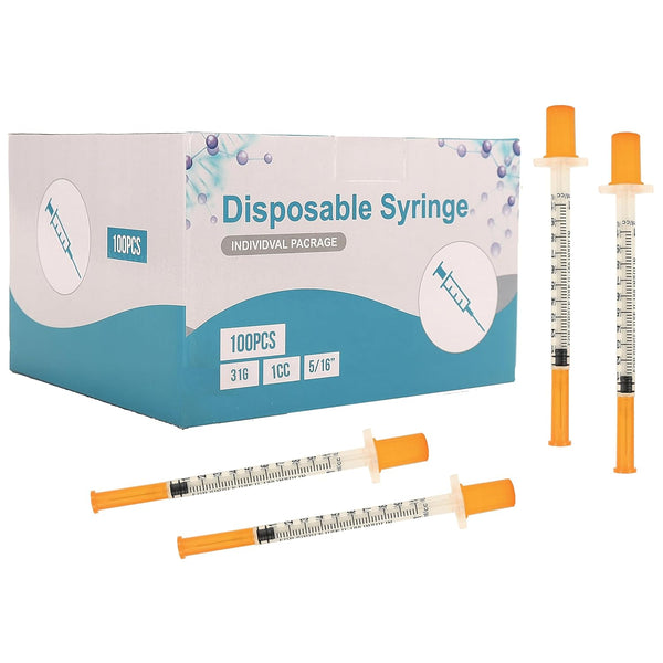 Disposable Syringes with Needle, U-100 31G 1ml 5/16 Inch (8mm) - 100 ct Box, Size: 1cc Syringe