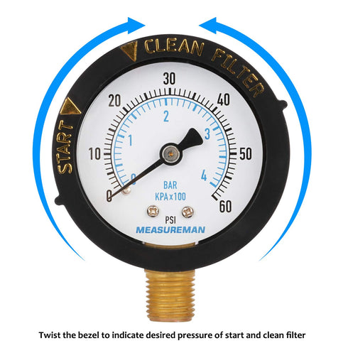 Measureman 2” Pool Filter Pressure Gauge, 60 PSI, 1/4” NPT Bottom Mount for Swimming Pool and Spa