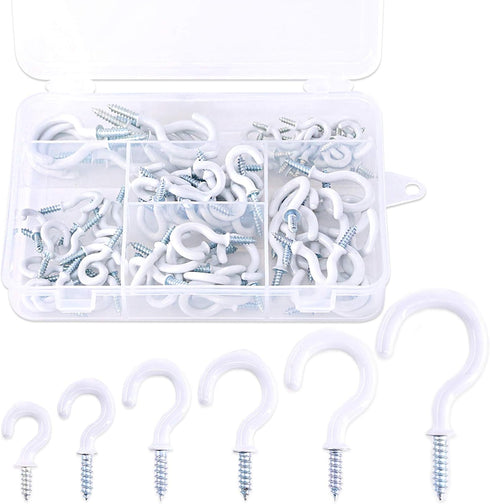 Glarks 100-Pieces White Vinyl Coated Cup Hooks – Screw-in Ceiling Hooks Assortment Kit for Home and Office