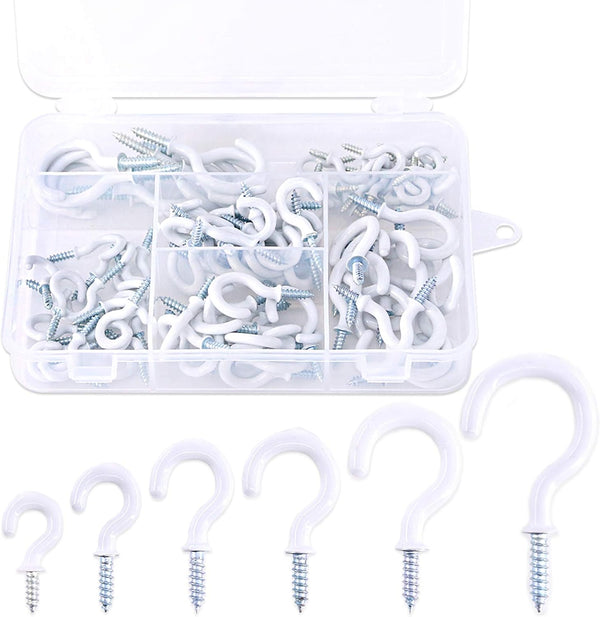Glarks 100-Pieces White Vinyl Coated Cup Hooks – Screw-in Ceiling Hooks Assortment Kit for Home and Office