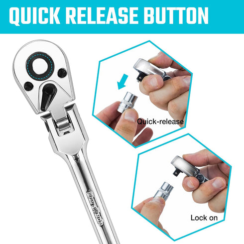 DURATECH 1/4" Drive Flex-Head Ratchet, 72-Tooth Ratchet Wrench with Quick-release and Reversible Switch