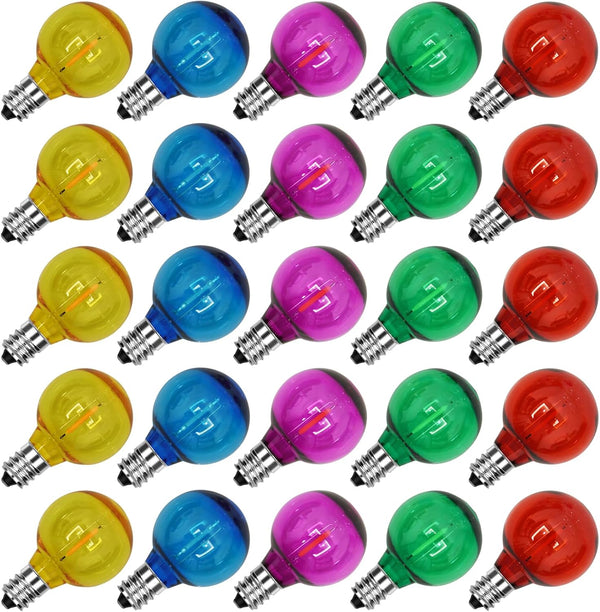 SUNSGNE 25 Pack G40 LED Christmas Replacement Globe Light Bulbs, 0.6 Watt Multicolor LED Bulbs, E12 Candelabra Base,