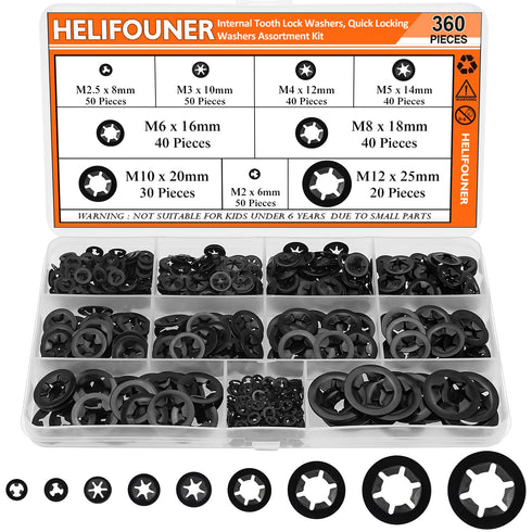 360 Pieces Internal Tooth Star Lock Washers, 9 Sizes Quick Speed Locking Washers Fasteners Assortment Kit
