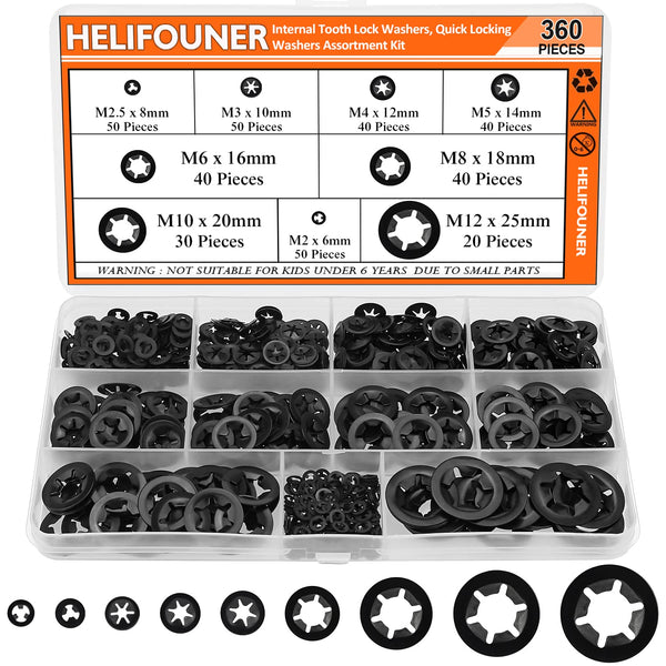 360 Pieces Internal Tooth Star Lock Washers, 9 Sizes Quick Speed Locking Washers Fasteners Assortment Kit