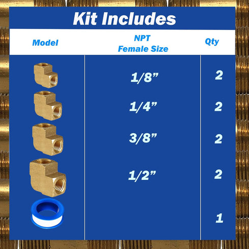 Brass Fitting 9pcs Female Elbow Kit, 1/8", 1/4", 3/8", 1/2" NPT