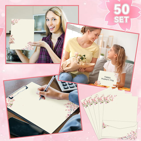 50Pcs 8.5 11 Inch Cherry Blossoms Letterhead with Envelopes Floral Cherry Blossoms Computer Paper Pink Floral