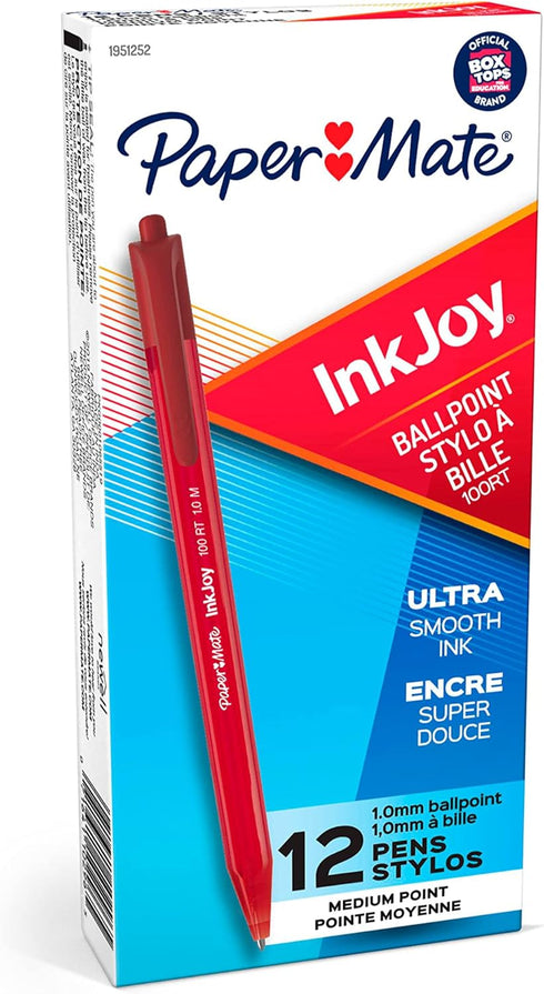 Paper Mate InkJoy 100RT Retractable Ballpoint Pens, Medium Point, Red, Box of 12