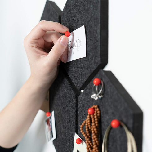 Navaris Hexagon Felt Board Tiles - Set of 6 Notice Memo Bulletin Boards with Push Pins, 5.9 x 7 inches (Dark Grey)