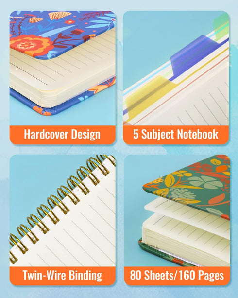 Spiral Notebooks 5 Subject 5-Pack, College Ruled Hardcover with Removable Dividers, 160 Pages Each, A5 Cute Floral