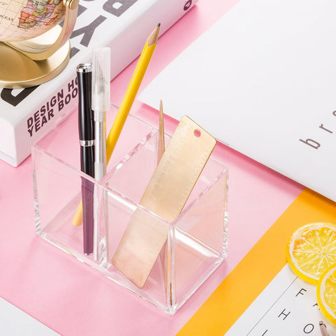 Gejoy Clear Acrylic Pencil Pen Holder - Makeup Brush Organizer with 2 Compartments for Desktop