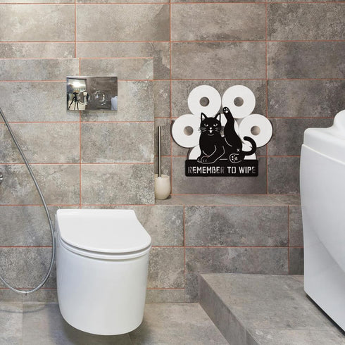 8 WADORN Black Cat Metal Toilet Paper Holder, Remember to Wipe Cat Decorative Metal Toilet Paper Storage for Extra