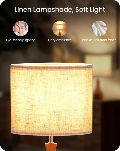 14.2" E26 LE09TL05 Small Table Lamp, Wood Bedside Lamp, Little Cute Desk Lamp with Dark Wood Bottle-Shaped Base & Beige