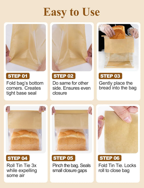 5.1"x3.9"x 11.0" Packaging (50, FireKylin Bakery Bags with Tin Tie Tab Lock Bread Bags for Homemade Bread Cookie Bags