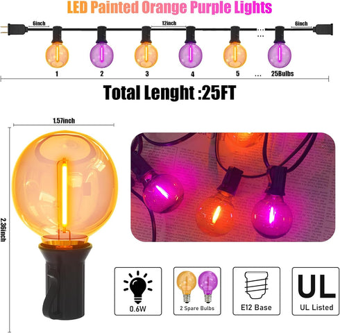 25FT 27 Count G40 Purple and Orange Christmas Lights, Christmas LED String Lights, Indoor Decoration Lights for Outdoor