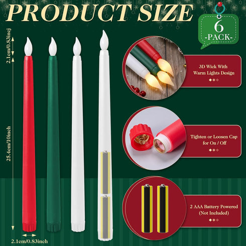 6 11'' Baquler Pcs Christmas Flameless Taper Candles Green Red White Battery Operated Candles LED Plastic Flickering