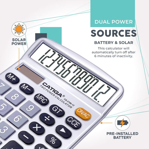 CATIGA 12 Digits Desktop Calculator with Large LCD Display, Dual Solar Power and Battery for Office and Home