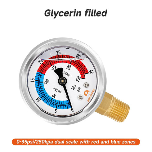 Roastove 2" Dial Pool Filter Pressure Gauge, Glycerine Filled, Water Pressure Gauge, 304 Stainless Steel Case